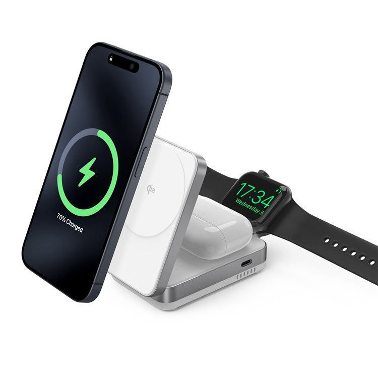 YF-M27 Qi2 Certified 3-in-1 15W Magnetic Wireless Charger with Aluminum Alloy Frame for Earbuds  /  Apple Watch  /  iPhone - White