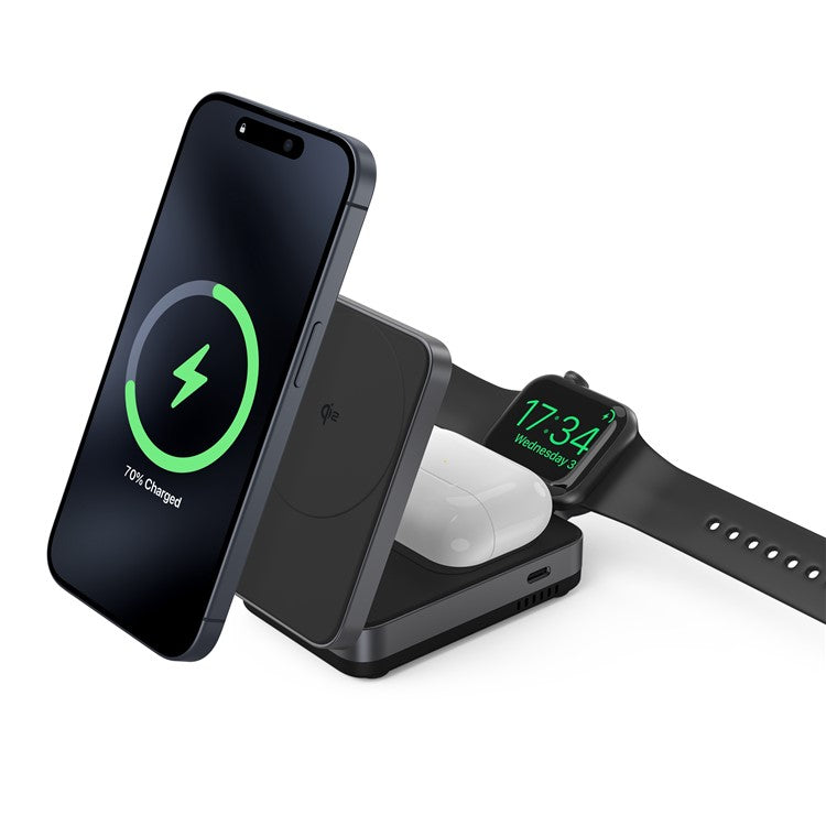 YF-M27 Qi2 Certified 3-in-1 15W Magnetic Wireless Charger with Aluminum Alloy Frame for Earbuds  /  Apple Watch  /  iPhone - Black