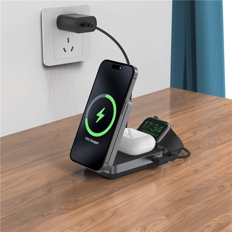 YF-M27 Qi2 Certified 3-in-1 15W Magnetic Wireless Charger with Aluminum Alloy Frame for Earbuds  /  Apple Watch  /  iPhone - Black