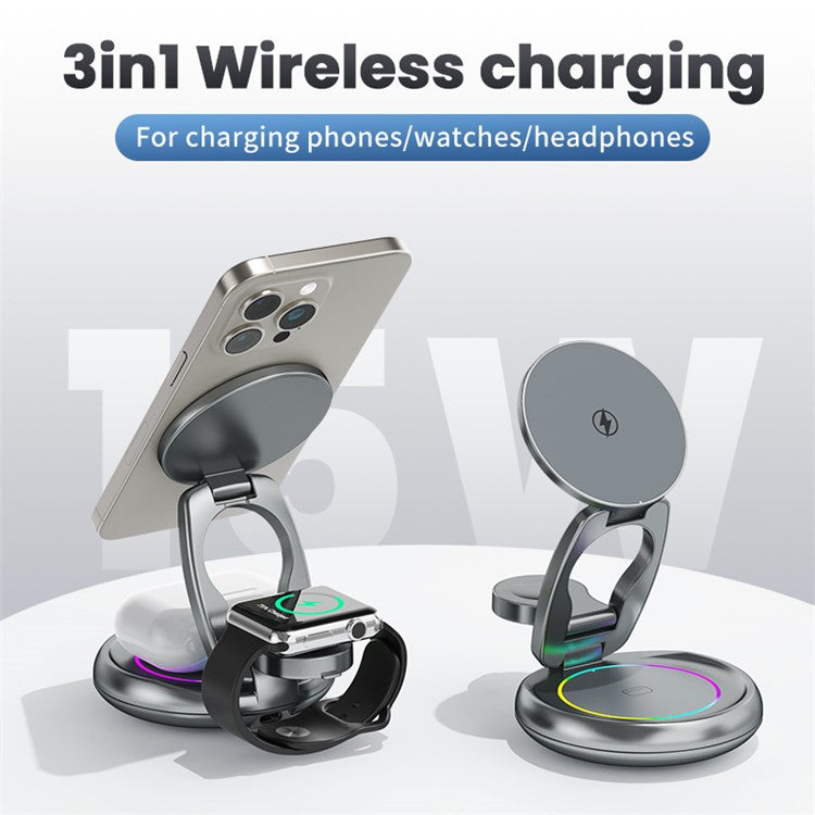 LFX-208 3-in-1 Wireless Charger 15W Fast Wireless Charging Stand for iPhone / Apple Watch / Airpods - Grey