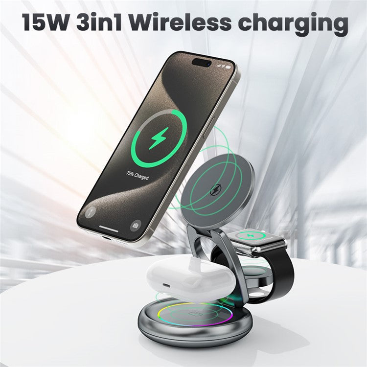 LFX-208 3-in-1 Wireless Charger 15W Fast Wireless Charging Stand for iPhone / Apple Watch / Airpods - Grey