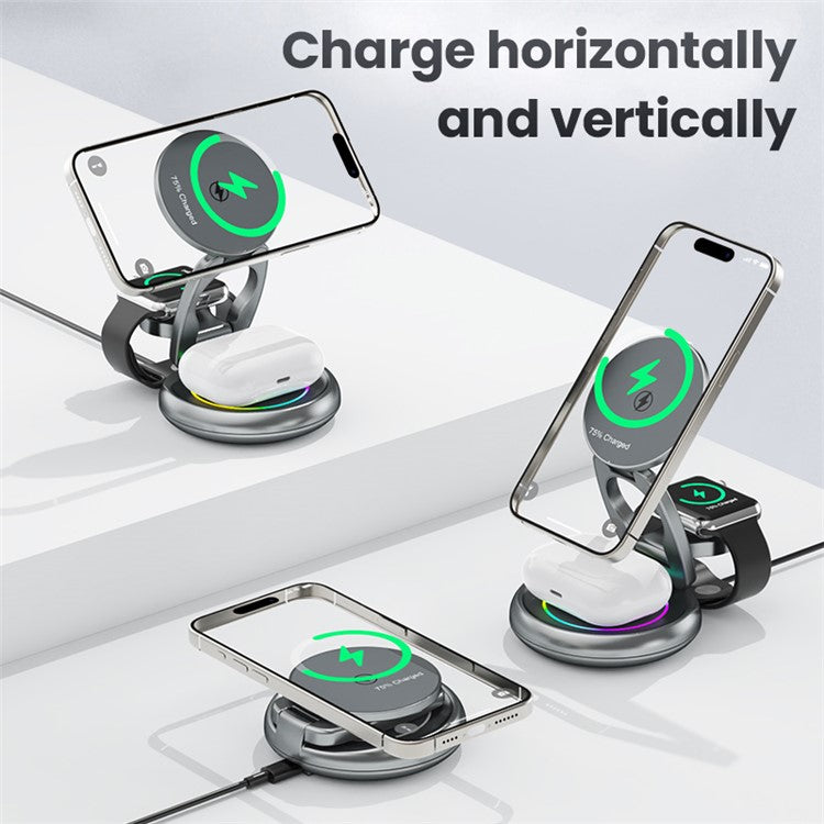 LFX-208 3-in-1 Wireless Charger 15W Fast Wireless Charging Stand for iPhone / Apple Watch / Airpods - Grey