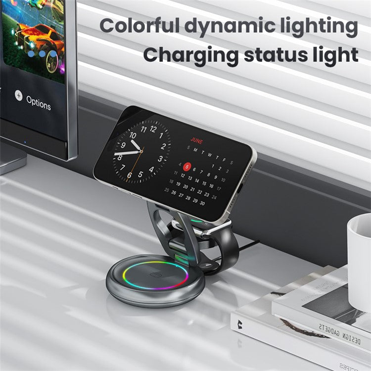 LFX-208 3-in-1 Wireless Charger 15W Fast Wireless Charging Stand for iPhone / Apple Watch / Airpods - Grey