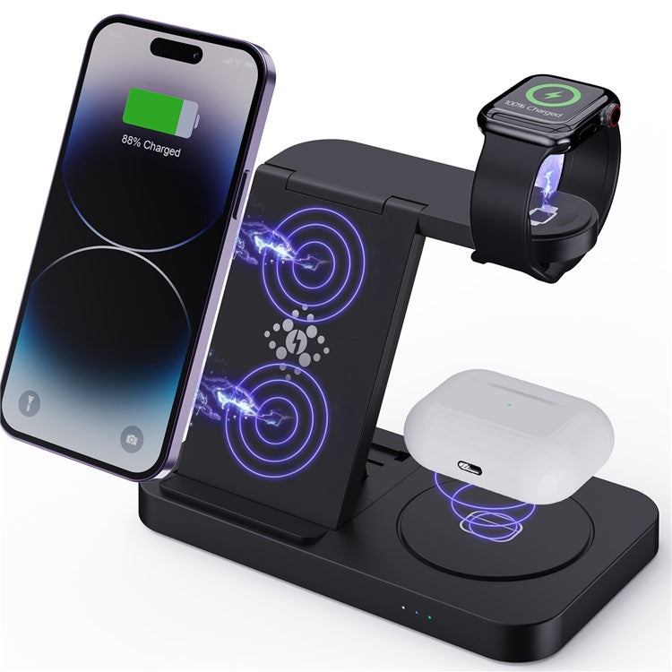 B-18C 3 in 1 Wireless Charger 15W Fast Charging Station Charger Stand for Apple Watch, Iphone, AirPods - Black