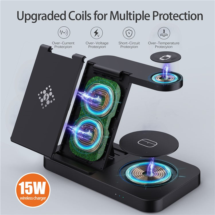 B-18C 3 in 1 Wireless Charger 15W Fast Charging Station Charger Stand for Samsung Galaxy  /  Watch  /  Buds - Black