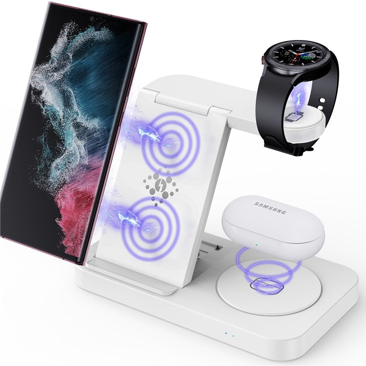 B-18C 3 in 1 Wireless Charger 15W Fast Charging Station Charger Stand for Samsung Galaxy  /  Watch  /  Buds - White