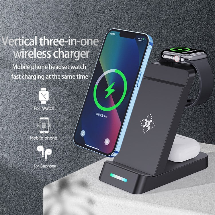 B-20A Vertical Wireless Charger for Apple Watch, iPhone, AirPods 3 in 1 Wireless Charger Stand Dock Station - Black