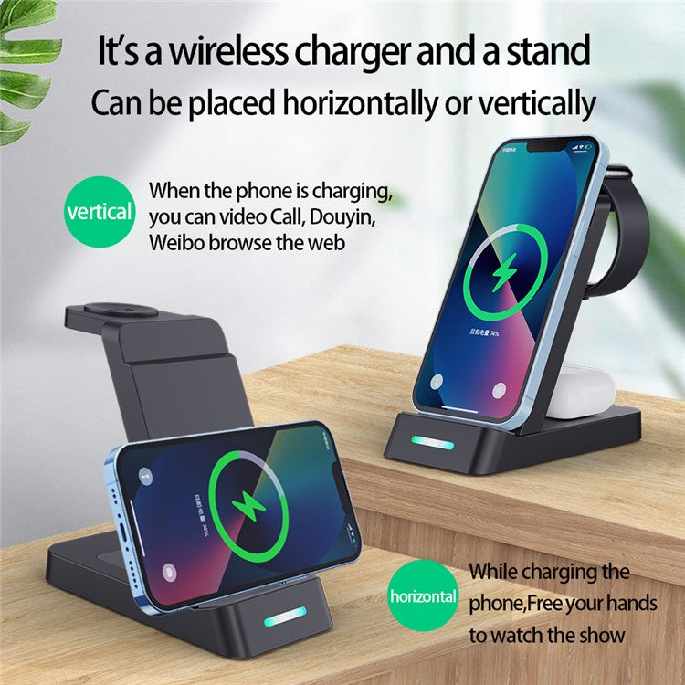 B-20A Vertical Wireless Charger for Apple Watch, iPhone, AirPods 3 in 1 Wireless Charger Stand Dock Station - Black