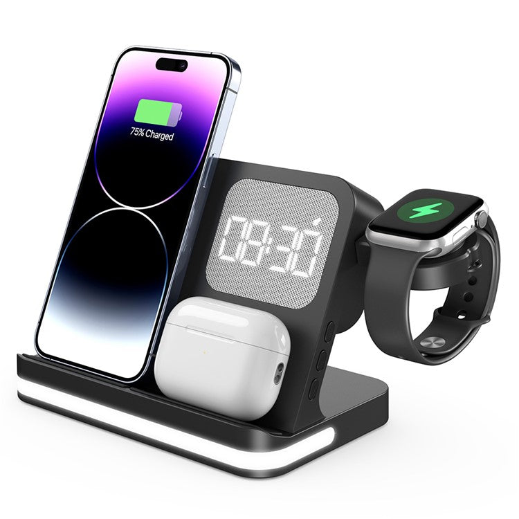 B-22 3 in 1 Wireless Charger 15W Charging Station for iPhone  /  Apple Watch, AirPods with Alarm Clock - Black