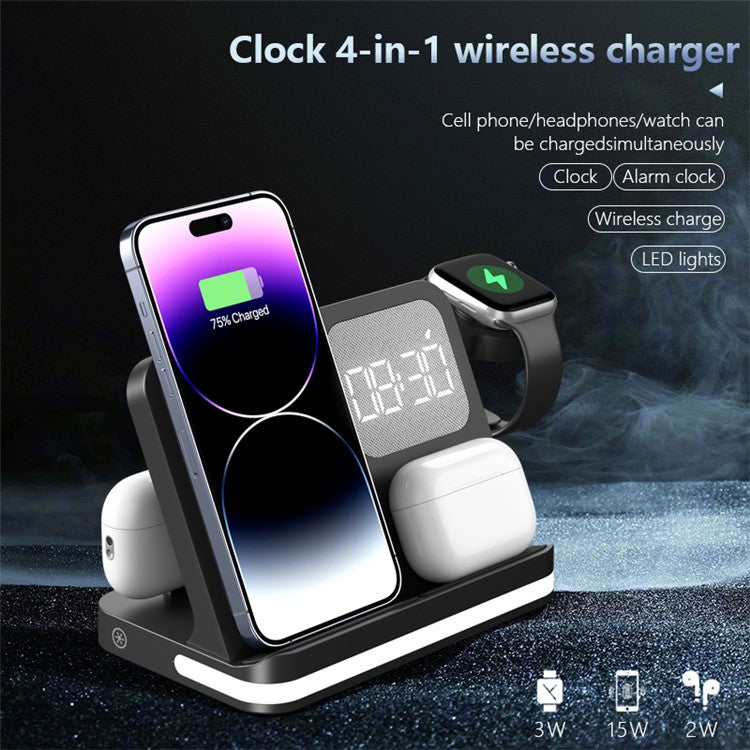 B-22 3 in 1 Wireless Charger 15W Charging Station for iPhone  /  Apple Watch, AirPods with Alarm Clock - Black