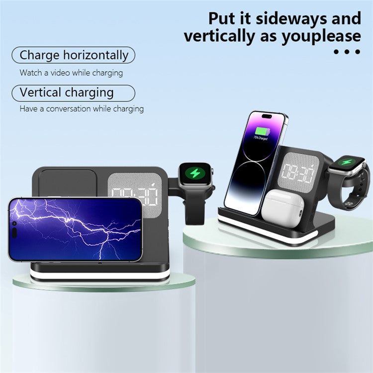 B-22 3 in 1 Wireless Charger 15W Charging Station for iPhone  /  Apple Watch, AirPods with Alarm Clock - Black