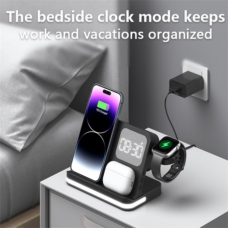 B-22 3 in 1 Wireless Charger 15W Charging Station for iPhone  /  Apple Watch, AirPods with Alarm Clock - Black