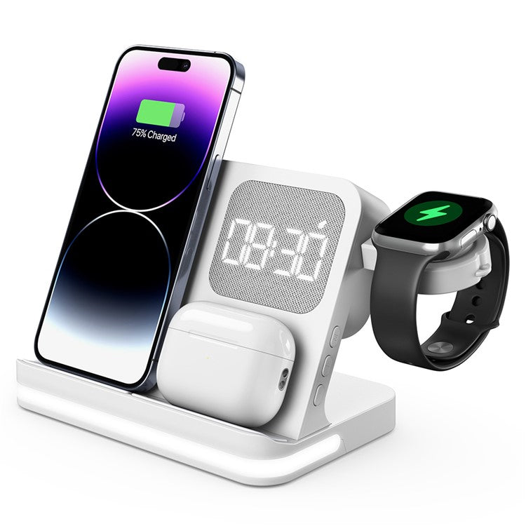 B-22 3 in 1 Wireless Charger 15W Charging Station for iPhone  /  Apple Watch, AirPods with Alarm Clock - White