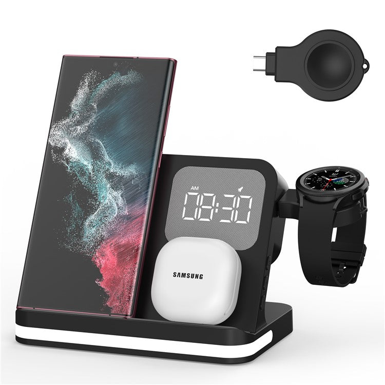 B-22 3 in 1 Wireless Charger 15W Charging Station for Samsung Galaxy Phone  /  Watch  /  Buds with Alarm Clock - Black