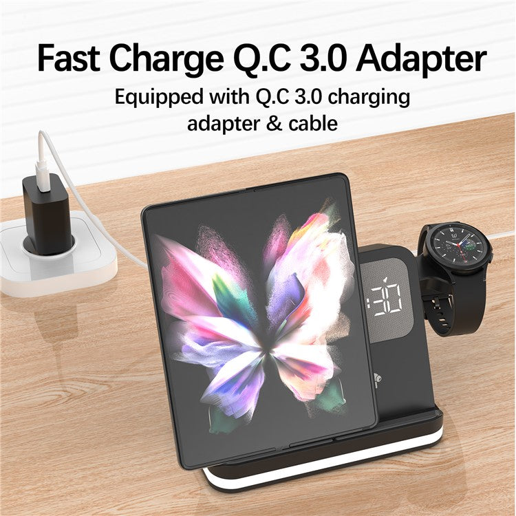 B-22 3 in 1 Wireless Charger 15W Charging Station for Samsung Galaxy Phone  /  Watch  /  Buds with Alarm Clock - Black