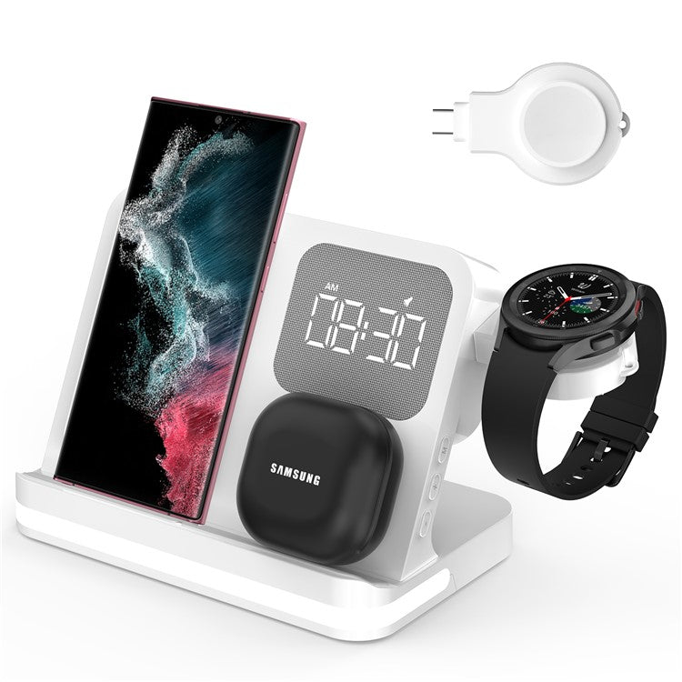 B-22 3 in 1 Wireless Charger 15W Charging Station for Samsung Galaxy Phone  /  Watch  /  Buds with Alarm Clock - White