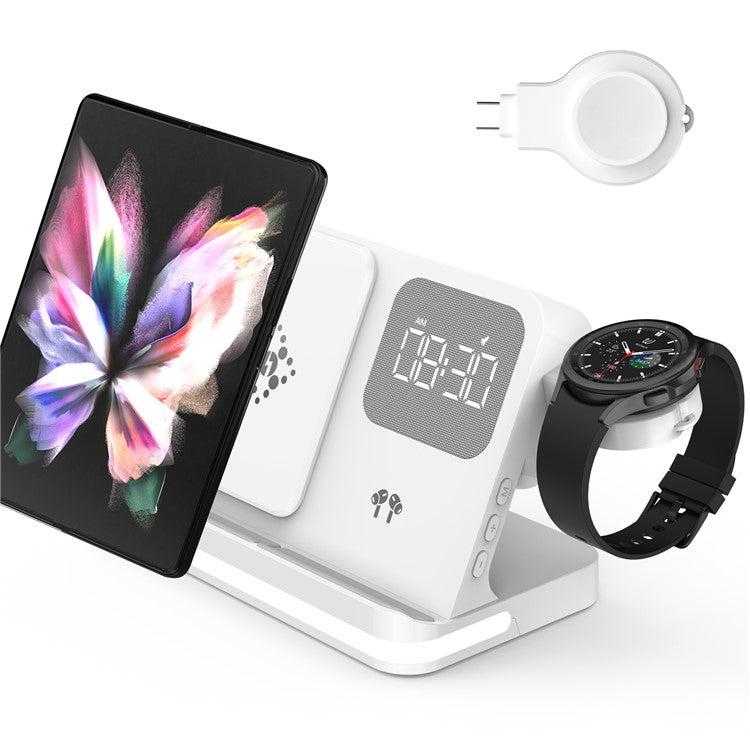 B-22 3 in 1 Wireless Charger 15W Charging Station for Samsung Galaxy Phone  /  Watch  /  Buds with Alarm Clock - White