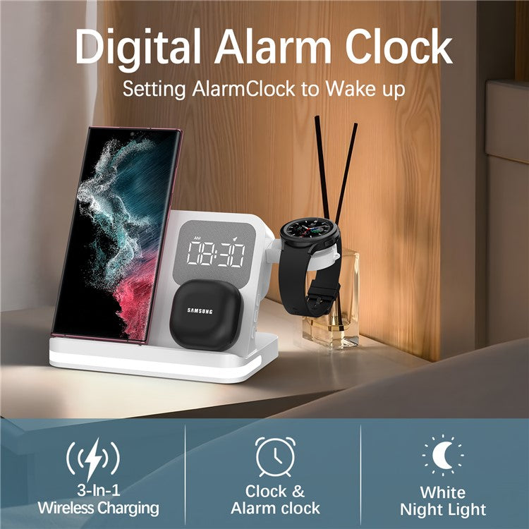 B-22 3 in 1 Wireless Charger 15W Charging Station for Samsung Galaxy Phone  /  Watch  /  Buds with Alarm Clock - White