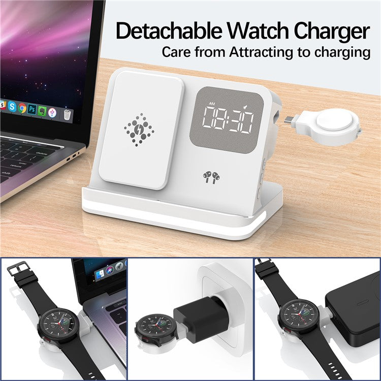 B-22 3 in 1 Wireless Charger 15W Charging Station for Samsung Galaxy Phone  /  Watch  /  Buds with Alarm Clock - White