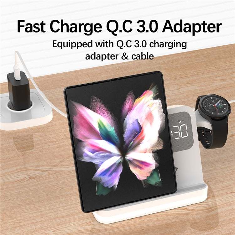 B-22 3 in 1 Wireless Charger 15W Charging Station for Samsung Galaxy Phone  /  Watch  /  Buds with Alarm Clock - White