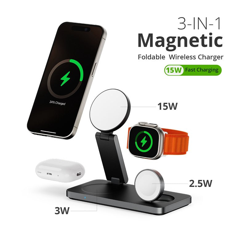 F8 For iPhone / iWatch / AirPods 3-in-1 Charging Stand Foldable Magnetic Wireless Charger