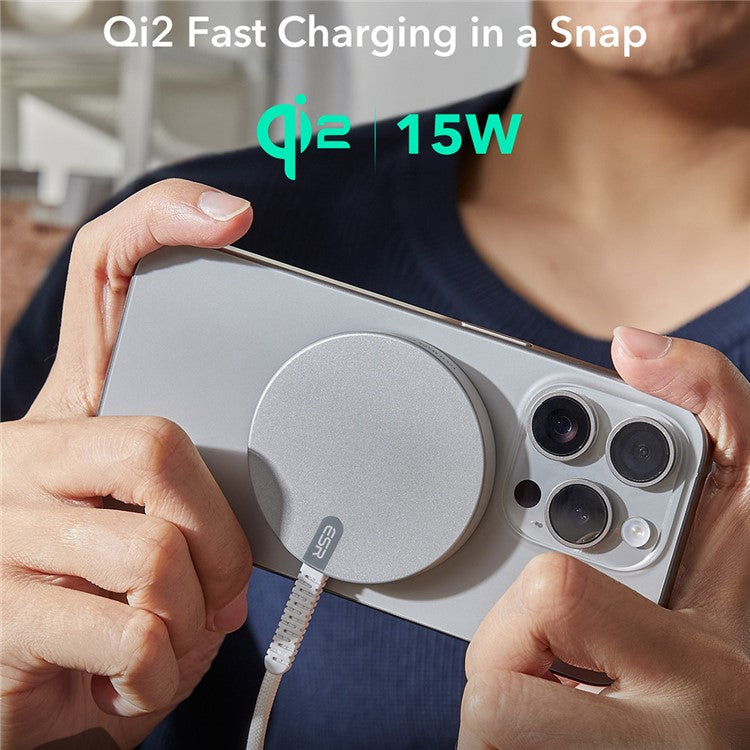 ESR Qi2 Halolock Mini Wireless Charger 15W Compatible with MagSafe Charging Pad, 5ft Cable - Silver