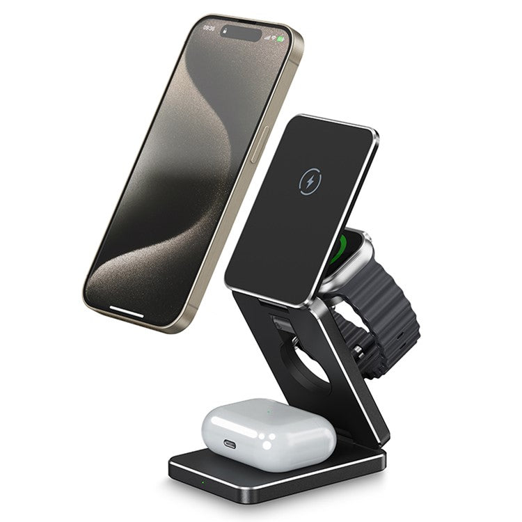 AK30 3-in-1 Foldable Charging Stand Phone Watch Earphone Aluminum Alloy 15W Magnetic Wireless Charger