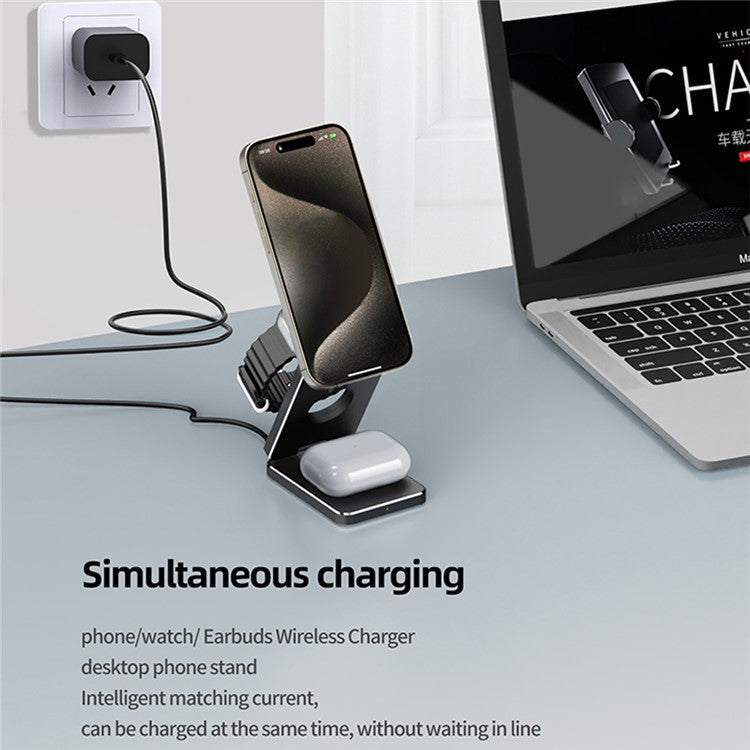 AK30 3-in-1 Foldable Charging Stand Phone Watch Earphone Aluminum Alloy 15W Magnetic Wireless Charger