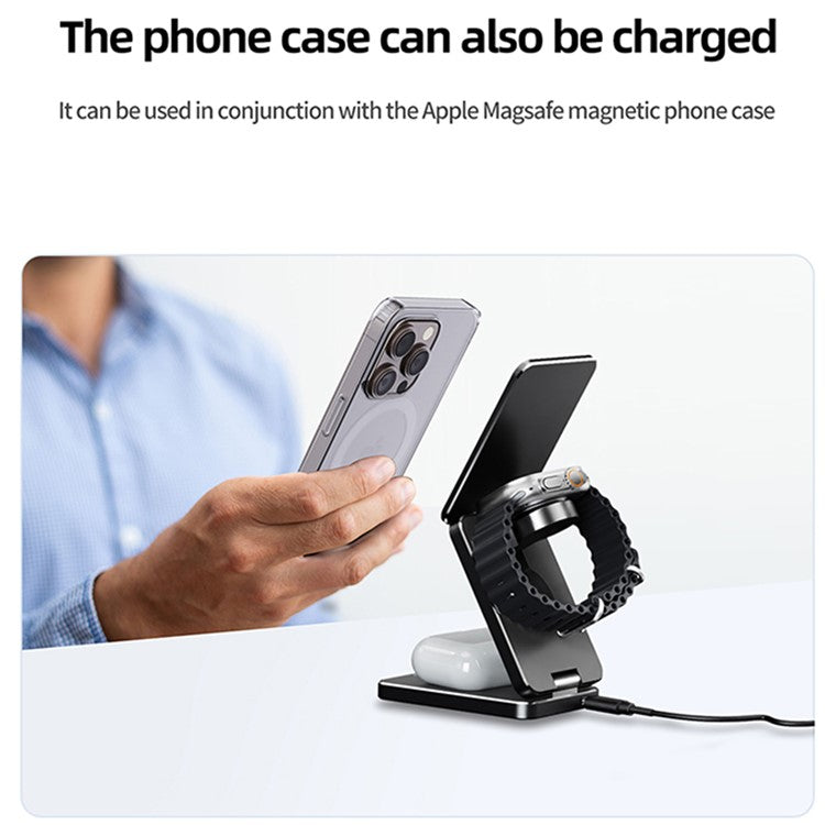 AK30 3-in-1 Foldable Charging Stand Phone Watch Earphone Aluminum Alloy 15W Magnetic Wireless Charger