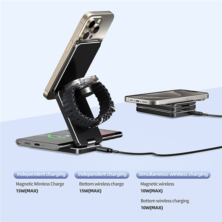 AK30 3-in-1 Foldable Charging Stand Phone Watch Earphone Aluminum Alloy 15W Magnetic Wireless Charger