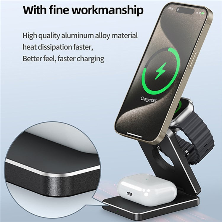 AK30 3-in-1 Foldable Charging Stand Phone Watch Earphone Aluminum Alloy 15W Magnetic Wireless Charger