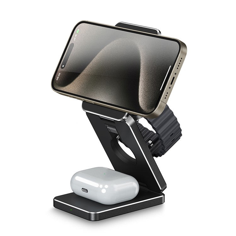 AK30 3-in-1 Foldable Charging Stand Phone Watch Earphone Aluminum Alloy 15W Magnetic Wireless Charger