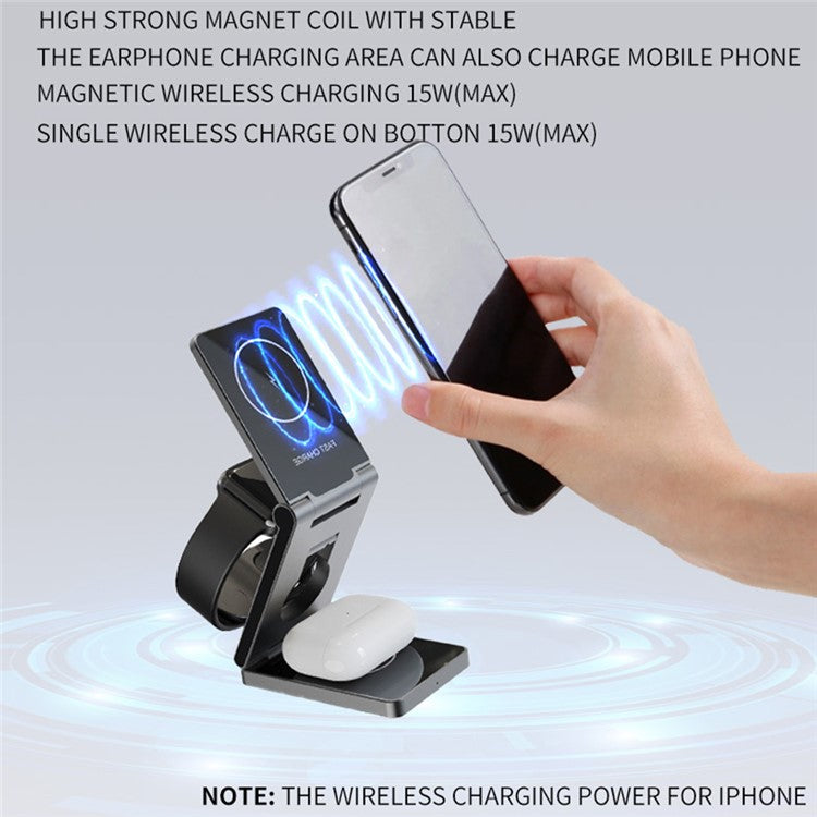 YT10 3-in-1 Foldable Phone Watch Earphone Aluminum Alloy 15W Magnetic Wireless Charger