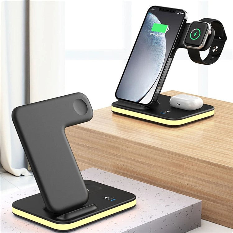 E6 4-in-1 15W Wireless Charger Phone Watch Earphone Charging Stand Night Light - Black