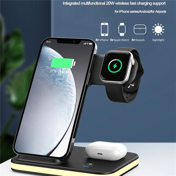 E6 4-in-1 15W Wireless Charger Phone Watch Earphone Charging Stand Night Light - Black