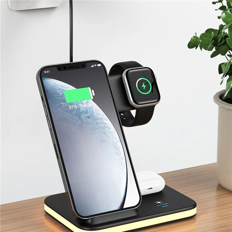 E6 4-in-1 15W Wireless Charger Phone Watch Earphone Charging Stand Night Light - Black