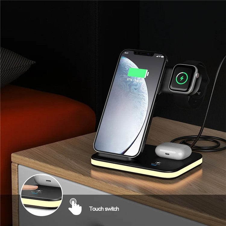 E6 4-in-1 15W Wireless Charger Phone Watch Earphone Charging Stand Night Light - Black