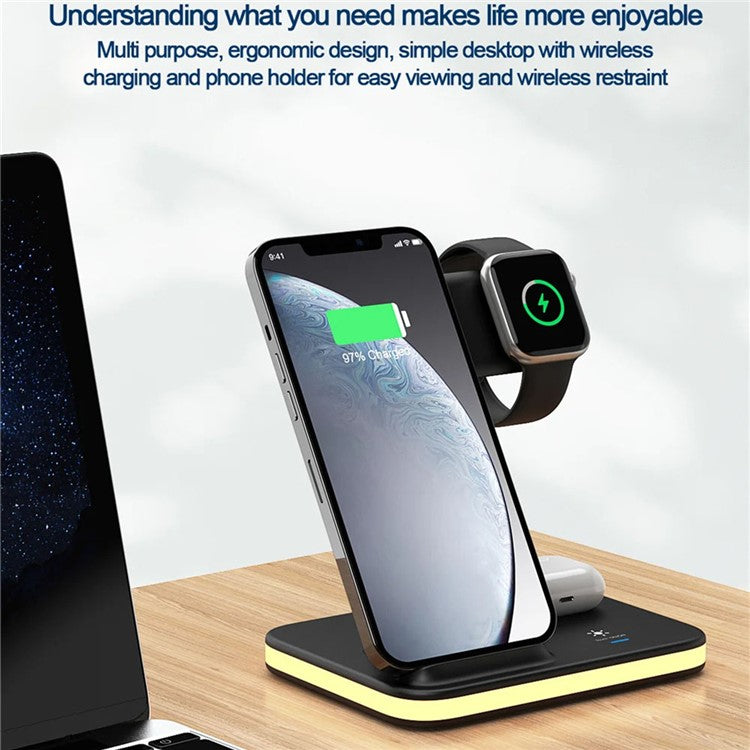 E6 4-in-1 15W Wireless Charger Phone Watch Earphone Charging Stand Night Light - Black