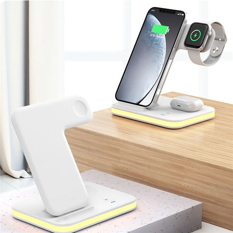 E6 4-in-1 15W Wireless Charger Phone Watch Earphone Charging Stand Night Light - White