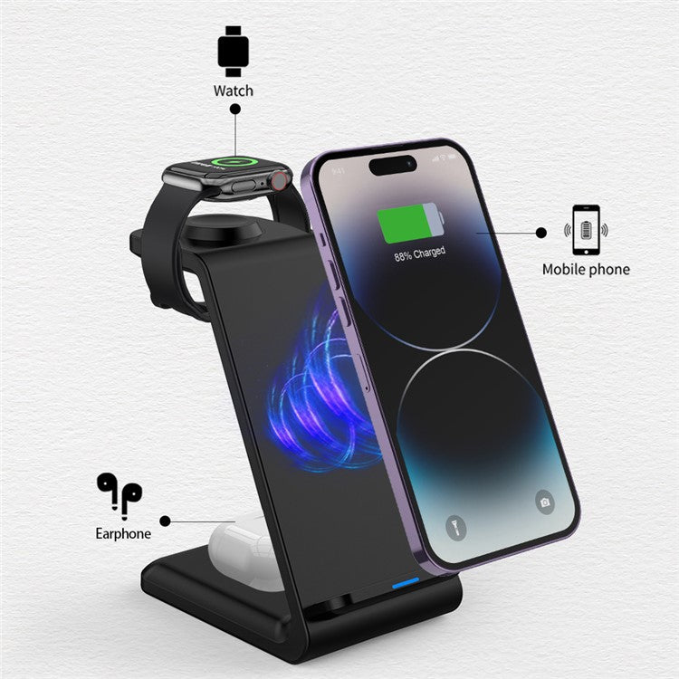 E8 3-in-1 15W Wireless Charger Phone Watch Earphone Desktop Charging Stand - Black