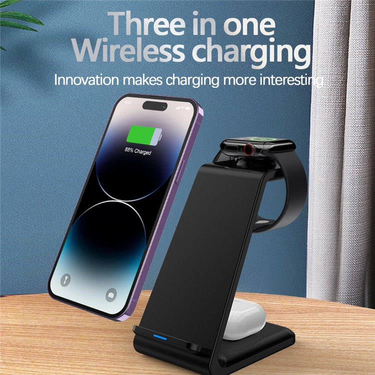 E8 3-in-1 15W Wireless Charger Phone Watch Earphone Desktop Charging Stand - Black