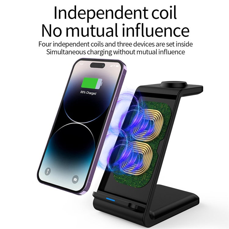 E8 3-in-1 15W Wireless Charger Phone Watch Earphone Desktop Charging Stand - Black