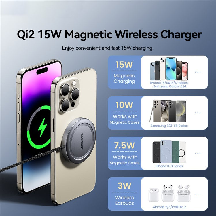 ESSAGER Qi2 15W Fast Charging Aluminum Alloy + PC Magnetic Wireless Charger for iPhone 12-16 - Grey