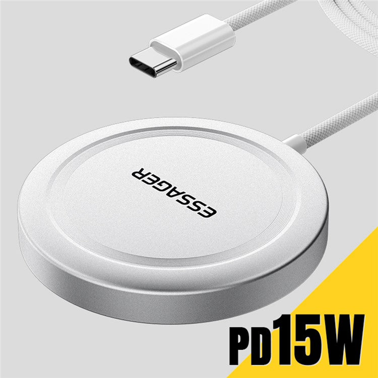 ESSAGER Qi2 15W Fast Charging Aluminum Alloy + PC Magnetic Wireless Charger for iPhone 12-16 - Silver