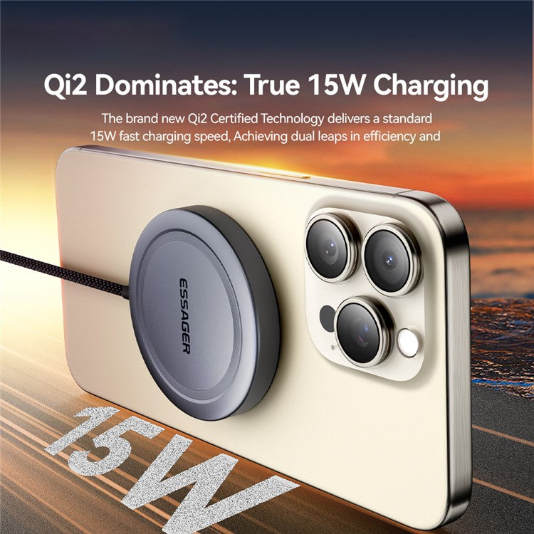 ESSAGER Qi2 15W Fast Charging Aluminum Alloy + PC Magnetic Wireless Charger for iPhone 12-16 - Silver