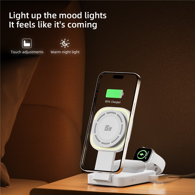 C40 3-in-1 Foldable Charging Stand Phone Watch Earphone 15W Magnetic Wireless Charger with LED Warm Light - Black