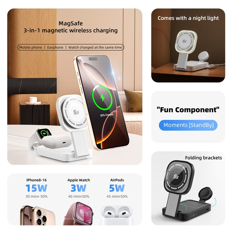 C40 3-in-1 Foldable Charging Stand Phone Watch Earphone 15W Magnetic Wireless Charger with LED Warm Light - White