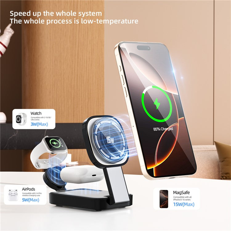 C40 3-in-1 Foldable Charging Stand Phone Watch Earphone 15W Magnetic Wireless Charger with LED Warm Light - White