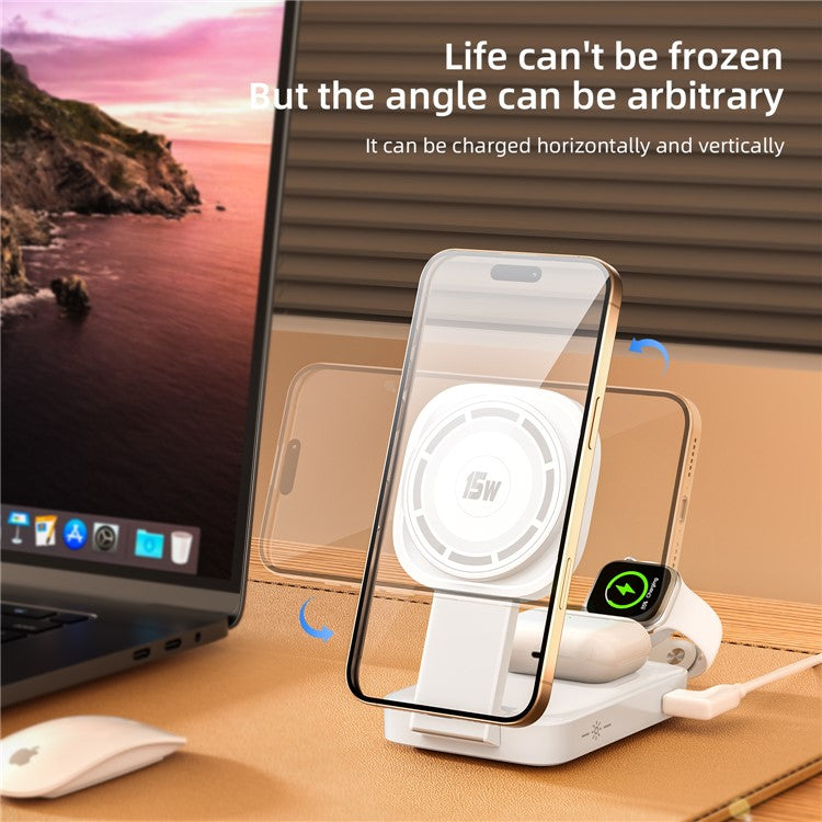 C40 3-in-1 Foldable Charging Stand Phone Watch Earphone 15W Magnetic Wireless Charger with LED Warm Light - White