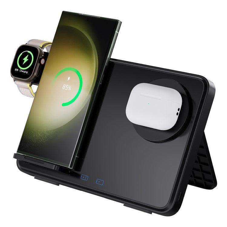 C30 15W Dual Ring Foldable 3 in 1 Wireless Charger Watch Earphone Phone Magnetic Wireless Charger - Black